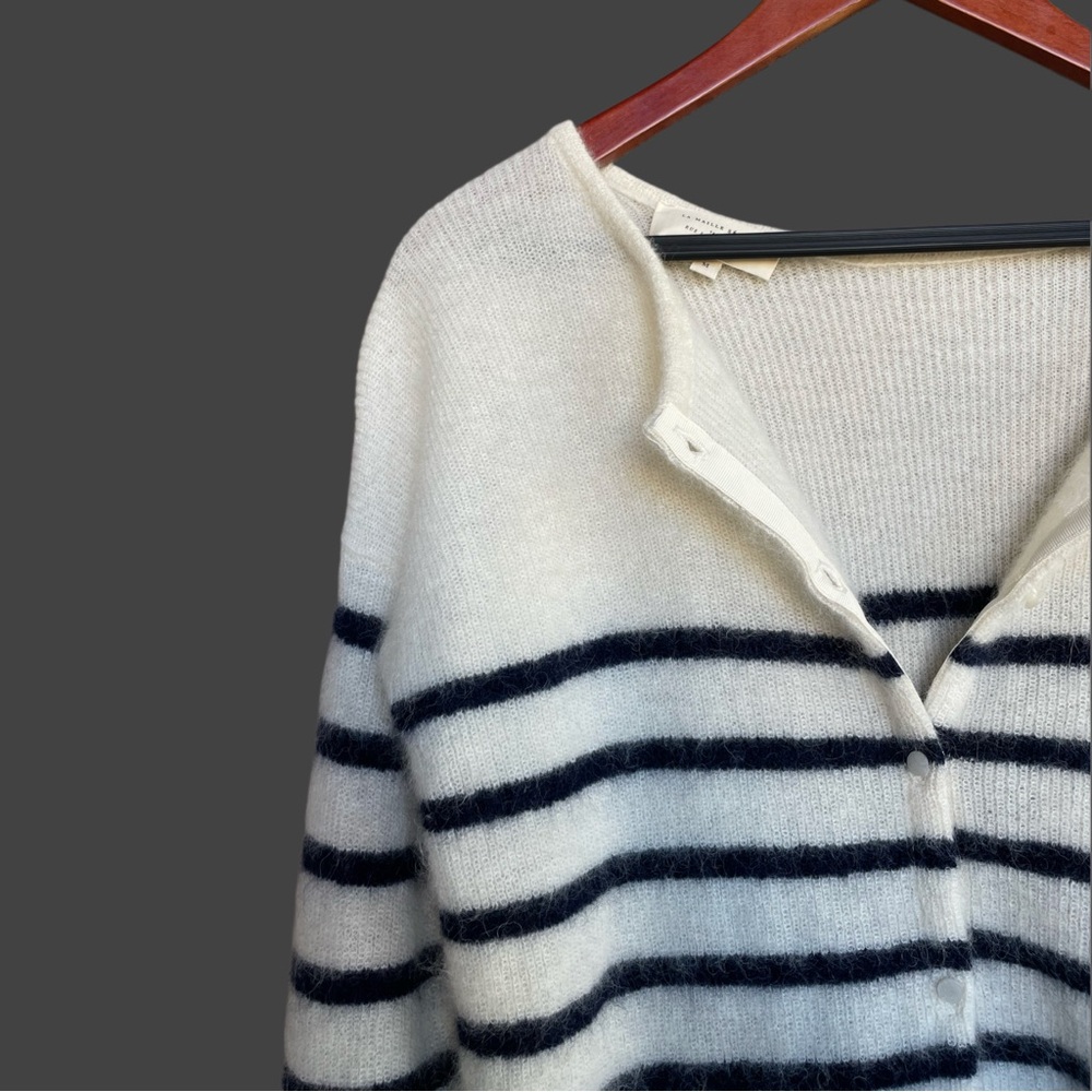 SEZANE Cream Navy Striped Mohair Alpaca Wool Reversible Gaspard Cardigan Sweater - Picture 14 of 17